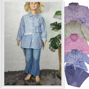 Baju Setelan Anak Perempuan 4-12 Tahun Baju Kemeja Salur dan Celana Jeans Cutbray - Fashion