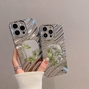 Case For iPhone 15 14 13 12 11 Pro Max X XR Xs Max 8 7 6 6s Plus SE 2020 Ins Minimal Makeup Mirror Electroplating Wave Phone Case TPU Soft Protective Cover