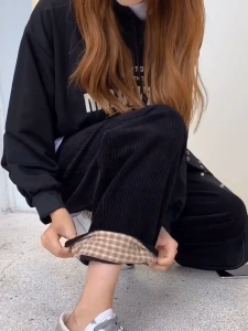 Celana lurus korduroi wanita gaya Korea Celana lebar pinggang tinggi retro