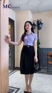 Áo sơ mi nữ cổ đức tay ngắn công sở Mcfashion kẻ sọc form ôm tôn dáng chất lụa vân mềm mại màu tím vàng mã A 729