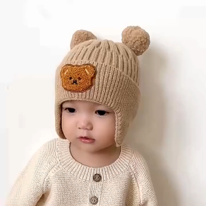 kupluk bayi laki laki perempuan beruang pom pom korea untuk umur 1 bulan - 3 tahun bisa bordir nama
