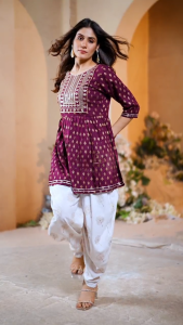 Womens Dhoti-Patiyala with Embroidery Neck Work and Beautiful Foil Print By Fashion Divaa