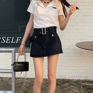 Rok Denim Pinggang Tinggi Mawar Merah Untuk Wanita Gaya Baru Jeans Fashion Korea Manis Rok A-line