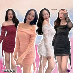 P20829 เดรสสั้นผ้าวิ้งค์ปาดไหล่ ..