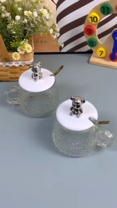 Gelas Minum Kaca Dengan Tutup Beruang | Gelas Susu Teh Gelas Kopi Mug Air Simpel Aesthetic