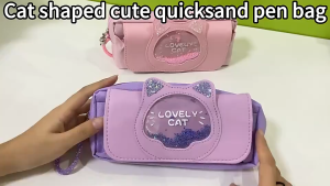 Pen case with three layers large capacity and cute quicksand cat design boys and girls pen case