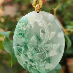Green with green patches Natural Type A Jadeite Pendant carved with Butterfly and flowers represents Sweet Love with happy marriage wealthy with flowers blooming and mutual love certificate weigh 26.02 g 49.3 * 40.6 * 6.8 mm (pendant84)