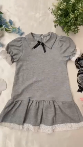 [KIDSFASHIONKOLEKSI] Dress Anak Perempuan Grey Renda Pita Bros Simple Elegant