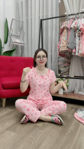 (Bunnysky) Quần áo nữ đồ bộ thiết kế mẫu lửng và dài cổ vuông ren nhún bèo chất thô