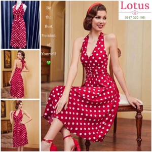 Lotus] Đầm Chấm Bi thiết kế Đẹp/ Đầm Dự Tiệc kiểu Pháp French Vintage sang trọng/ Đầm Yếm Màu Đỏ Đô Thắt Nơ Cổ dáng Váy Chữ A xinh xắn giúp quý cô nổi bật tạo điểm nhấn ấn tượng