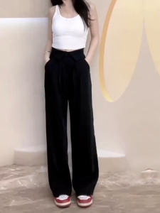 Celana Setelan Hitam Wanita Model Korea Baru dan Celana Lurus Lebar Pinggang Tinggi