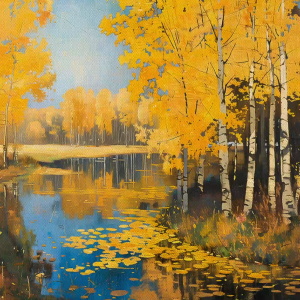 Tranh phong thủy phong cảnh rừng phong bên bờ hồ mùa thu vàng levitantranh treo tường dán tườngCGI-863