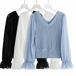 READY Baju Outfit Cewek Mimosa Knit Top V-Neck Lengan Panjang Longgar Bahan Sifon Rajut