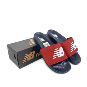 Sandal slide Casual New Balance pria wanita tipe selop slip on warna hitam upper merah list putih grade premium