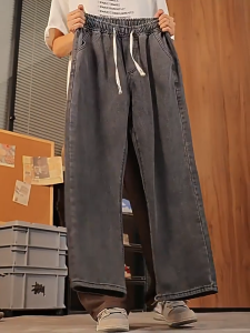 Men Drawstring Waist Wide Leg Jeans For Men Korean Light Blue/Black Denim Pants Vintage Straight Casual Street Style Pants