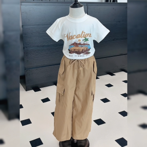 PRINCESS KESLI เด็กหญิง T ชุดเสื้อ ชุดเสื้อผ้าเด็กผู้หญิงฤดูร้อนนุ่มระบายอากาศ กางเกงเด็กผู้หญิง ขากว้าง 2-12ปี