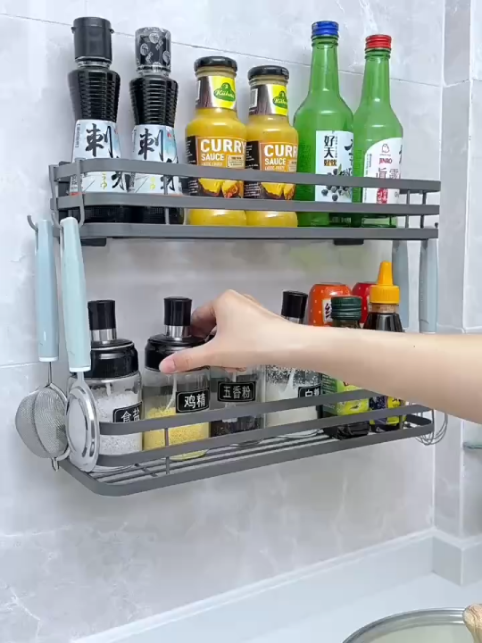 ชั้นวางของในครัวติดผนัง ชั้นเข้ามุมห้องน้ำ ชั้นวางเครื่องปรุง ห้องน้ำ ห้องครัว ชั้นอเนกประสงค์ไม่ต้องเจาะกำแพง ชั้นวางติดผนังพร้อมตะขอ