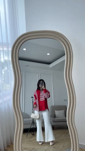 NANDO ATASAN KEMEJA MERAH PUTIH BAHAN KATUN IMPORT BKK DEPAN PENDEK BELAKANG PANJANG PULLSIZE JUMBO