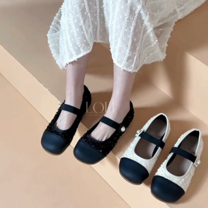 LOEI HyeNa Flatshoes Wanita Kekinian Korean Style Sepatu Bahan Tweed 9210