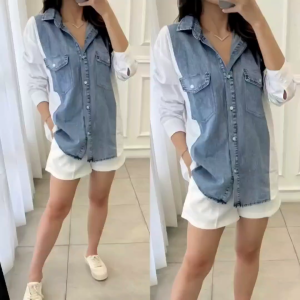 SJM KEMEJA DENIM JEANS SNOW ACID KOMBINASI KATUN POPLIN PREMIUM IMPORT LENGAN PANJANG KASUAL 9084