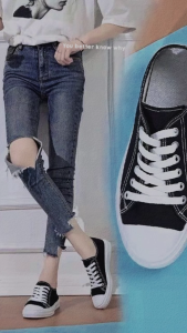 Sneakers Wanita Kanvas Polos Low-Top Hitam Kets Sporty Casual