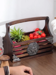 100% Teak Wood Storage Basket with Handle Tin Elephant Wooden Basket Wooden Fruit Basket Vegetable Basket