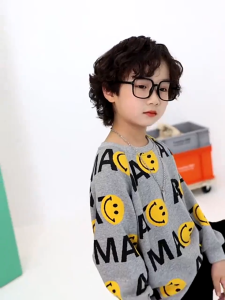 SOLANNA ชุดเด็กเกาหลี เสื้อกันหนาวเด็กชาย ลวดลายหน้ายิ้มอย่างมีสไตล์ เสื้อเชิ้ตแขนยาวทรงหลวมแฟชั่นฤดูใบไม้ร่วงใหม่ของเด็กผู้ชาย