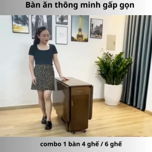 [120x90cm]Bộ  Bàn Ăn Thông Minh Gấp Gọn Bộ Bàn Ăn Gỗ Sồi Tự Nhiên Óc Chó Ghế Bọc Đệm Da Xếp Gọn Gỗ Thịt Sồi Nga 100% Bàn Có Ngăn Kéo Và Bánh Xe Di Chuyển Feeship HN