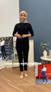 HighWaist Jeans Wanita Street-Slim Fit Hitam Pekat Celana Denim Cewek Slim Panjang
