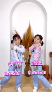 Dungdungkids Setelan Anak Chessy Katun Kotak Ruffle Celana Jeans 3 - 11 Tahun