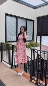 Đầm hoa nhí cổ tròn đính nút tay phồng có túi Misa - MS0319 (Hình thật shop chụp)