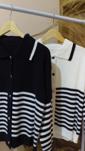 Haruka Stripe Cardigan Kancing Gold | Rajut Tebal Premium | Button Cardigan Kancing | Cardi Garis Kancing | Atasan Wanita | Fashion Wanita