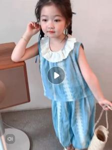 Tebaru Musim panas Setelan Anak Perempuan Biru Import Fashion Set Lace neckline Korea style