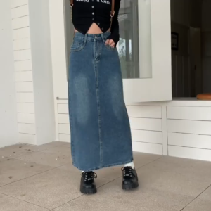 Plus Size Long skirt women korean blue strappy denim skirt Washed Side slit Midi Denim Skirt High Waist Long A-line fishtail office hot Skirt fashion NEW 2024
