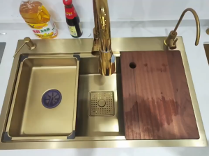 Nano-coating Sinks Vegetable Washing 304Stainless Steel Kitchen Sinks Gold Double Bowl with tap Above Counter