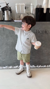 Set sơ mi tay ngắn cổ trụ kẻ sọc thêu khủng long và cá sấu cho bé trai 9kg tới 25kg Bernie 1223B025