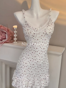 SATIN FABRIC ชุดนอนเดรส ชุดนอนกระโปรง ชุดเดรสน่ารัก 🌸 ชุดสายเดี่ยว คอตัววี ติดโบว์กลางอก S-511