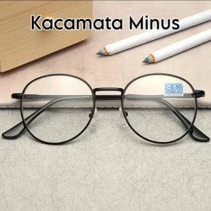 Kacamata Oval Besi Lensa Minus Wanita Pria Gahaja 050-600 Dapat Boc Dan Lap Pembersih