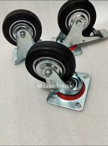 Roda Troli 4 inch isi 1 set ( 2 hidup rem + 2 mati ) Roda Karet / Roda Troly / Roda Etalase / Roda Gerobak