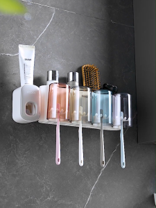Ecoco Toothbrush Holder Organizer with Toothpaste Dispenser Multi-Functional Wall Mount Squeezer Bathroom Storage Set