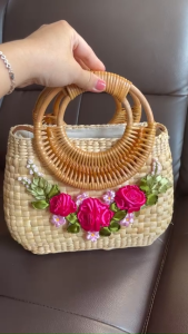 Giỏ cói túi cói túi lục bình CAO CẤP đính hoa ruy băng CÓ DÂY KÉO.