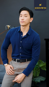 Johnwin - Kemeja Formal Milan - Kemeja Pria - Model Basic - Katun Knitting - Lengan Panjang - Slim Fit - Navy - FWS.639.S008.05.C-L/S- Free Keychain