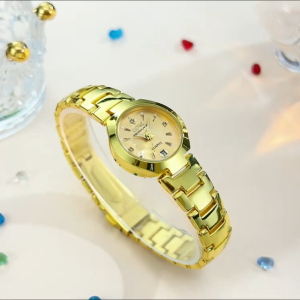 นาฬิกาควอตซ์นาฬิกาแท้กันน้ำของผู้หญิง2024ปฏิทินเรืองแสงสายเหล็กสแตนเลสสไตล์สง่างามแบบลำลอง