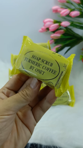 Set 6 ชิ้น HBS ONET Soap Scrub turmeric Coffee 36g. สบู่สครับขมิ้นกาแฟ สบู่สมุนไพรแท้ ทั้งผิวหน้าและผิวกาย