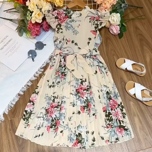 Uniqkids Elegant Fashionable Ruffled Sleeve dress for Kids girl Floral Casual Maxi Dress Pleated Bottom