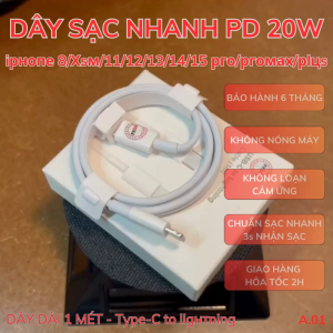 [FULLBOX] Dây sạc nhanh điện thoại 20W cho dòng 8/X/11/12/13/14 Type-C to LN - Dài 1 mét - A01 - Bảo Hành 6 Tháng