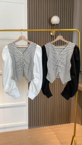 BL20933 Slit Puffy Sleeve Stripe Blouse