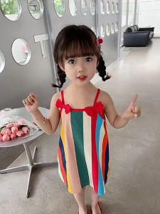 Binilin childrens princess dress fashionable rainbow strap breathable cotton girl comfortable to wear suspender princess dress