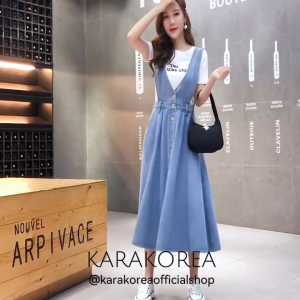 KARAKOREA 6216 Yoojung Overall Jeans Denim Skirt/Rok Denim/Rok kerja/Overall jeans wanita/Overall Maxi Dress