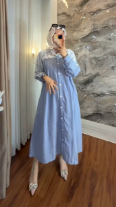 Gaudi Midi Dress Bhn Katun Salur Mix Brukat Dress Lebaran Wanita Model Kekinian Fashionable BISA COD